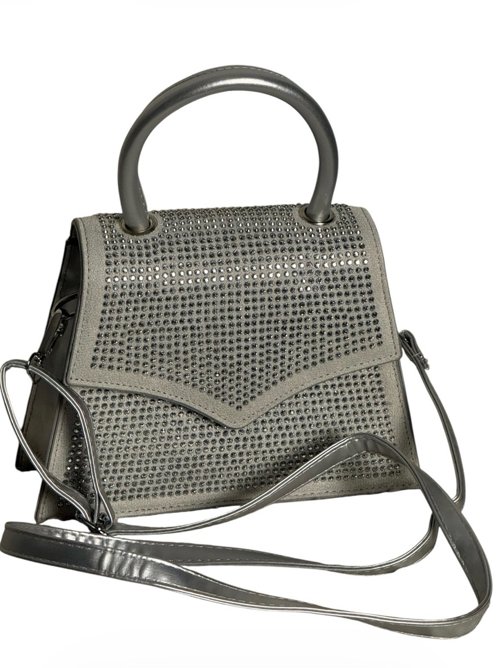 Metallic Silver Crystal-Embellished Crossbody Top-Handle Bag